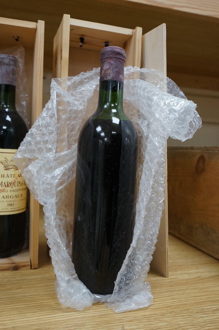 Two cased bottles of Chateau Bel-Air Marquis d'Aigre, 1963. Condition - good